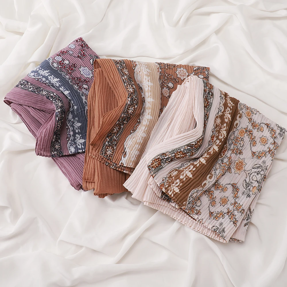 Turkish Style Vintage Floral Print Crinkle Hijab Breathable Soft Shawl For Muslim Ladies Daily Head Wrap