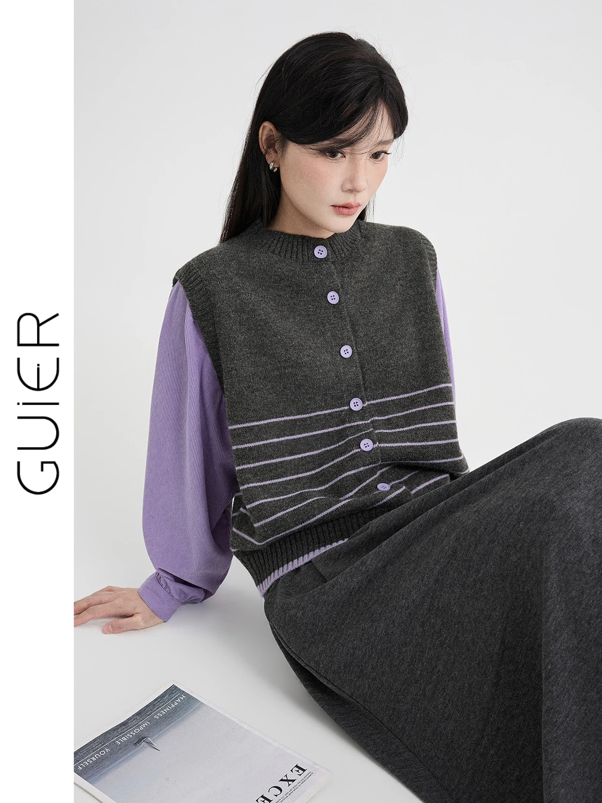 

Guier Knitted Cardigan Women's round Ne Velvet Patchwork Top Spring 2026 New Sle Fake Two-Piece Color Blo Long Sve