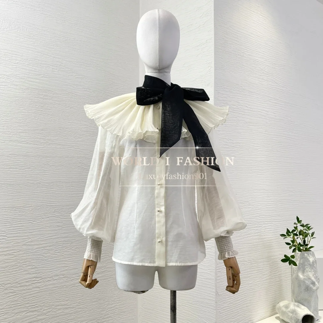 

2025 Высококачественные льняные и шелковые белые блузки с оборками и длинными рукавами