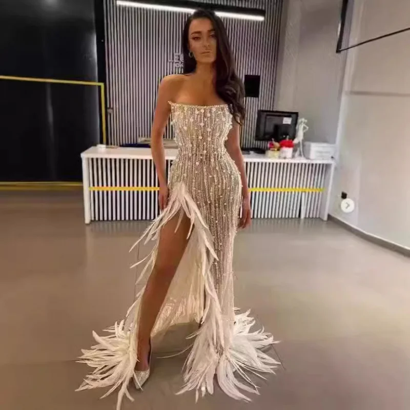 

New Luxury Feather Hem Sequin Beaded Sexy High-Slit Strapless Dress High-End Socialite Party Gown