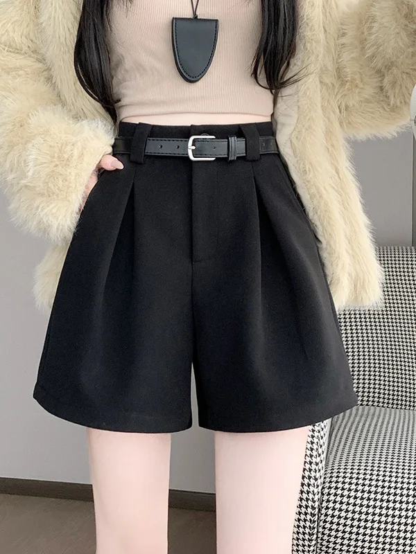 Wollen pak of broek dames herfst winter slanke A-lijn hotpants hoge taille kleine maat casual wijde pijpen bootcut broek