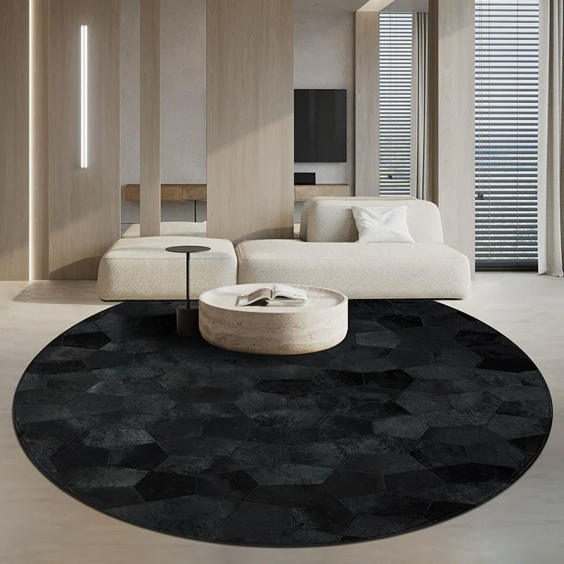 Black Geometric Cowhide Splicing Round Rugs For Bedroom Handmade Luxury Rug Living Room Home Modern Dining Table Floor Mat