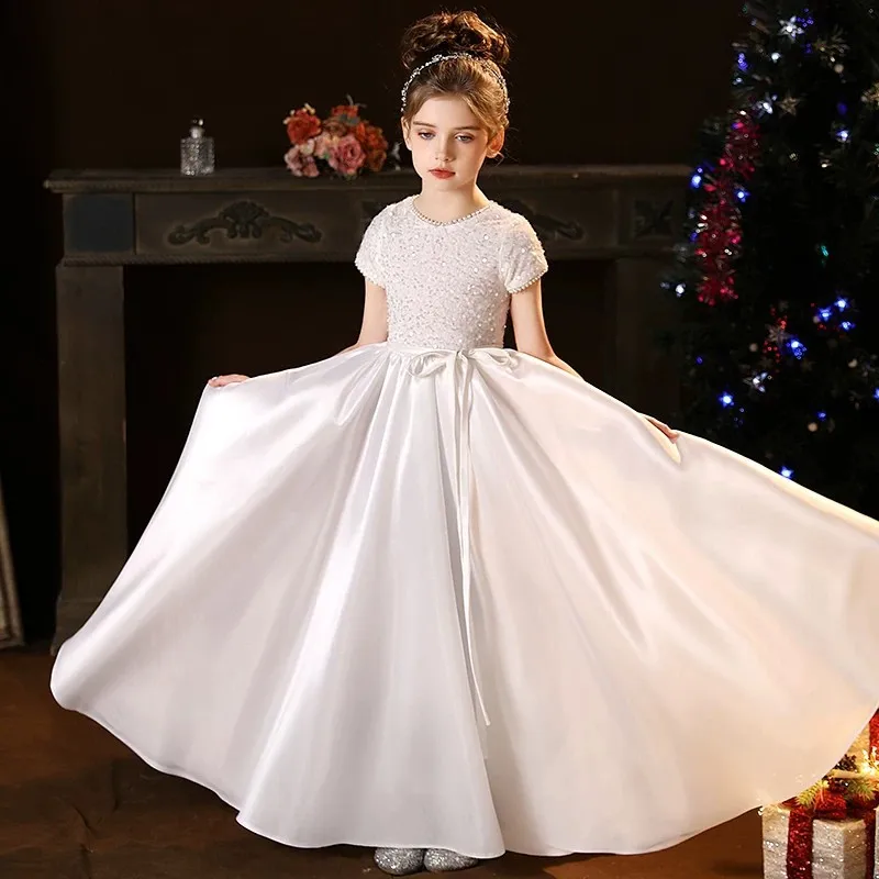 White Kids Formal Princess Gown Korean Style Sweet Little Children Host Piano Flower Girl Evening Dress Performance Birthday