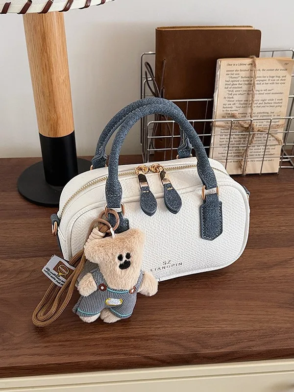 

Minimalist Denim Trimmed Mini Boston Bag, Convertible Adjustable Strap Casual Handbag for Work & Weekend Outing