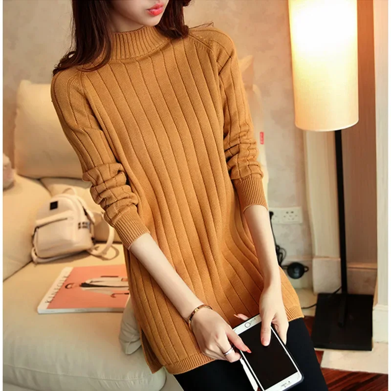 Vertical Stripe Design Warm Long Dress Sweaters Women Fashion Casual Autumn Winter Lady Bottomed Pullover Female Cheap Wholesale