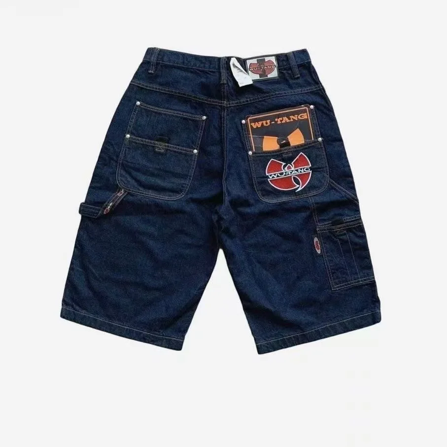 

Wutang American Retro Embroidered ket Casual Mid-Length Pants Street Loose Straight Skateboard Five-Point Jeans
