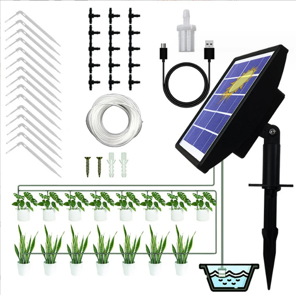 

Solar Automatic Drip Irrigation Kit System Solar Powered Self Watering Devices with Water Sensor Supported 10-15Pots Plants