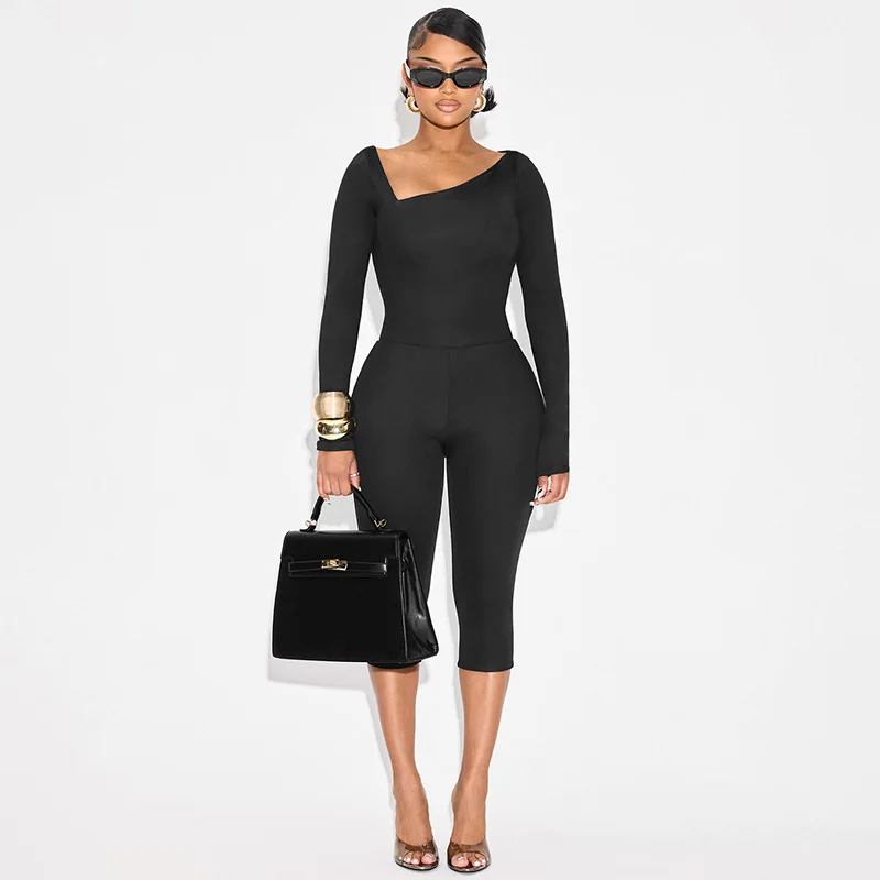 

Fitness Slim 2 Piece Set Inclined Shoulder Long Sleeve T-shirts Tops + Skinny Capris Pants Fashion Streetwear Women Solid Suits