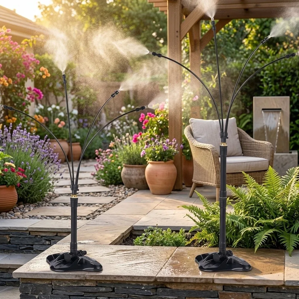 Garden Cooling Spray System with Adjustable Standing Atomizing Nozzle and 4 Shape Memory Tubes for Targeted Mist