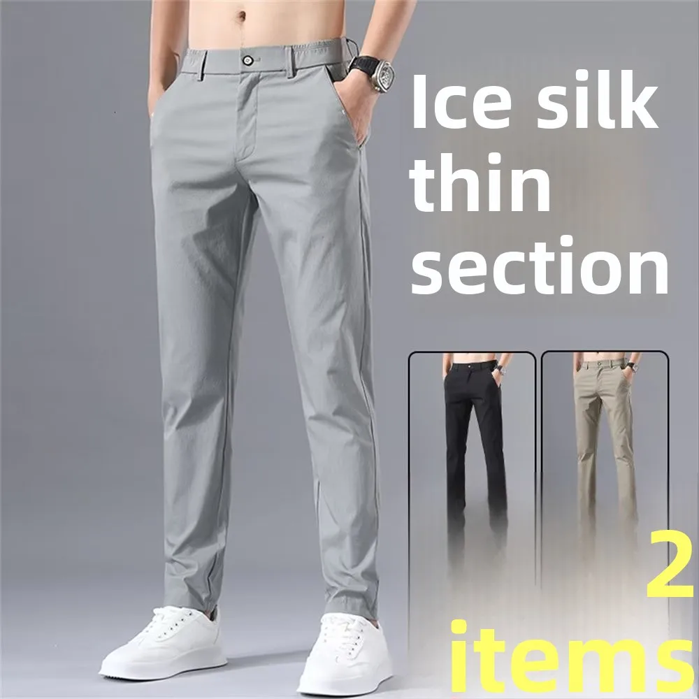 

Men's Ice Silk Breathable Casual Pants Straight Leg Slim Fit Summer Faionable Long Trousers Comfortable Elastic Busin Ca...