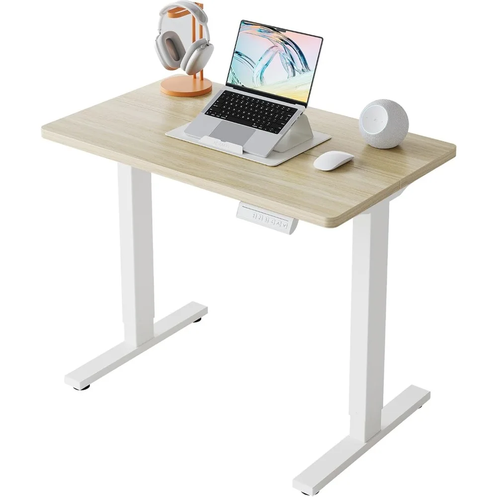 Electric Standing Desk, Adjustable Height, Light Walnut, 176 Lbs Capacity, Rounded Corners, Wheel-Ready, Compact for Apartments