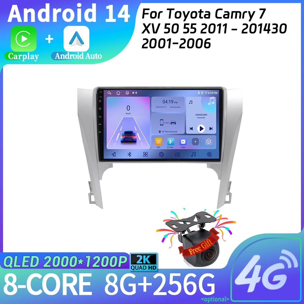 Android 14 Car Radio Multimedia Navigation 2DIN Wireless Carplay Stereo For Toyota Camry 7 XV 50 55 2011 - 2014 Screen WIFI