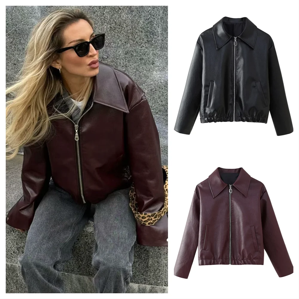 PB&ZA2024 autumn new women\'s clothing style slim fit simple solid color short style lapel PU leather long sleeved jacket