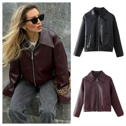 PB&ZA2024 autumn new women's clothing style slim fit simple solid color short style lapel PU leather long sleeved jacket