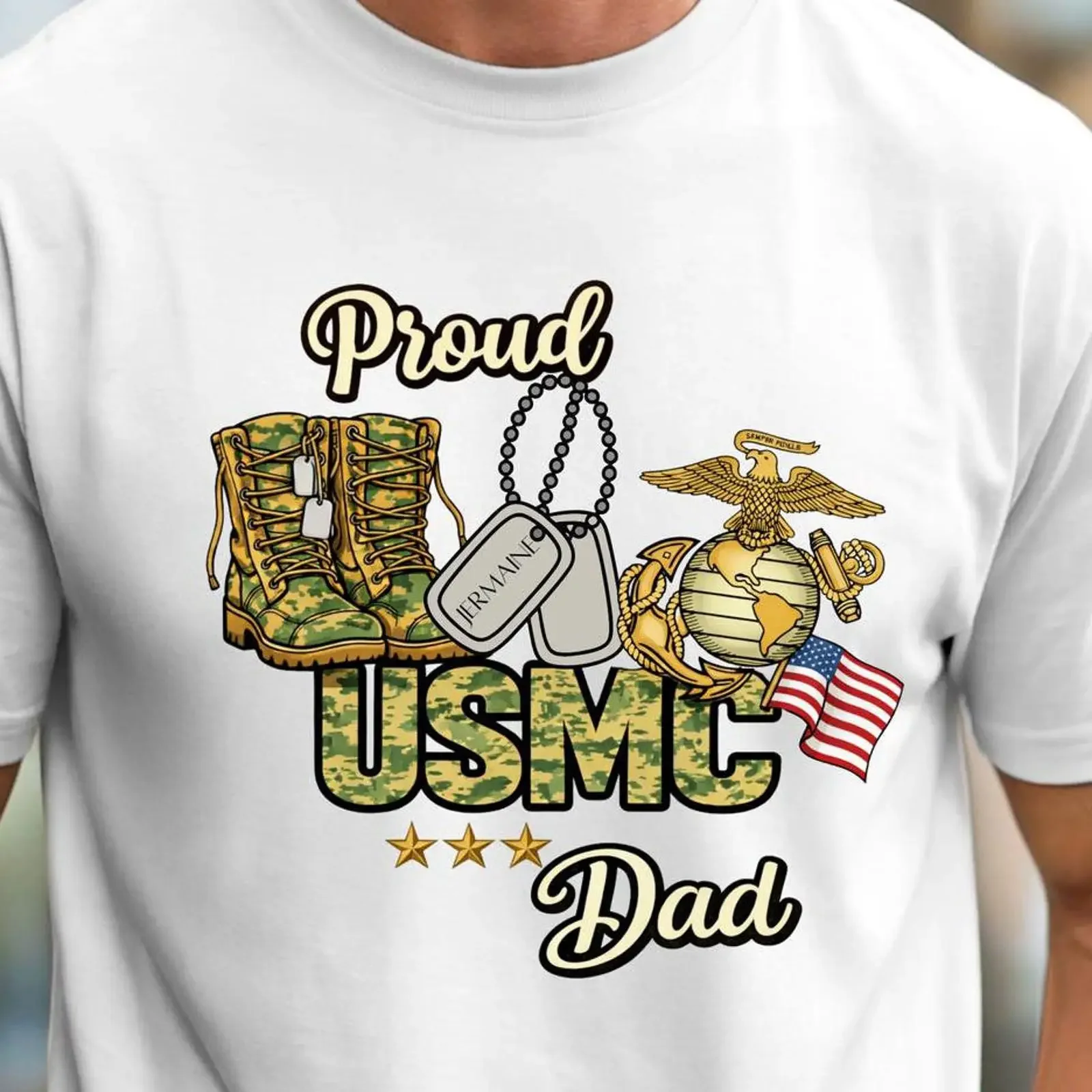 Personalized Proud USMC Dad T Shirt Custom Patriotic Marine Military Father's Day for from Son Daughter vintage Washed fashion