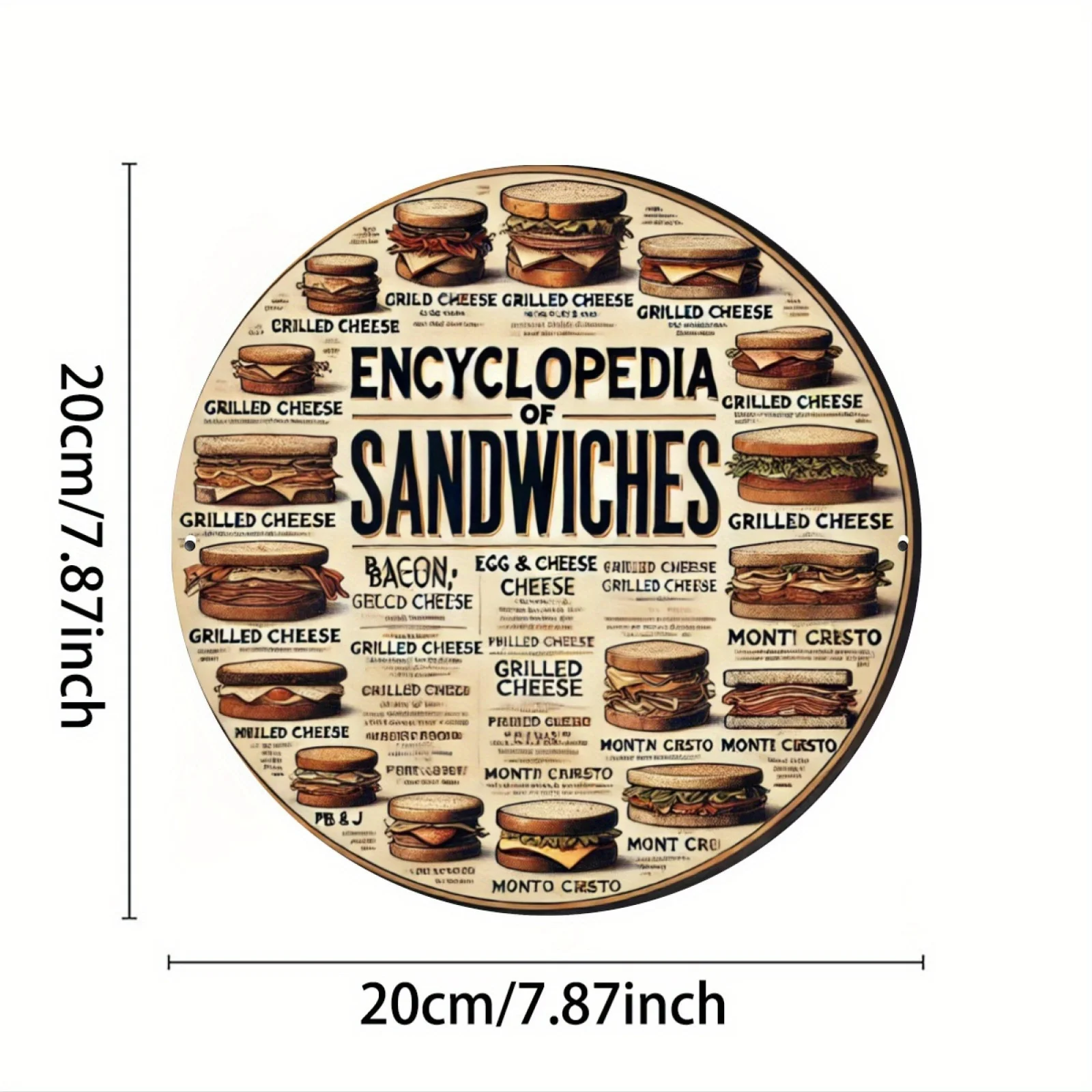 1pc, Sandwich Encyclopedia Metal Tin Sign, 8x8 inches (20x20 cm), 2D Round Aluminum Wall Art, Food Lover'S Collectible, Indoor/O