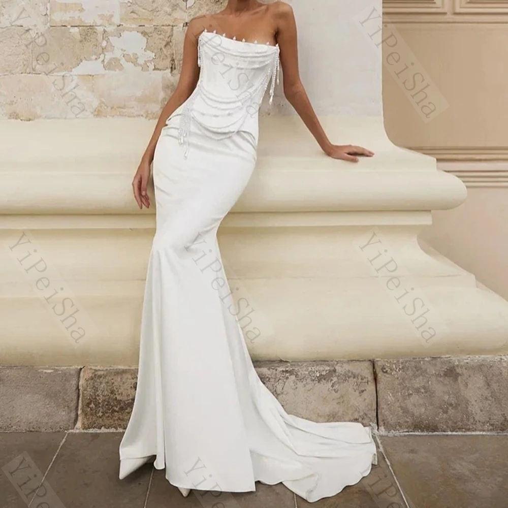 

Customized Mermaid Evening Dresses Floor-length Strapless Sleeveless Prom Gown Fashion Beading Backless Lace-up Party Gown