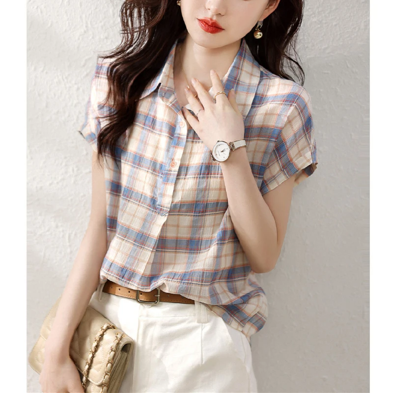 

Turn-down Collar Summer Women's Clothing Chiffon Cardigan Plaid Striped Button Short Sleeve T-shirt Casual Colorful Retro Tops