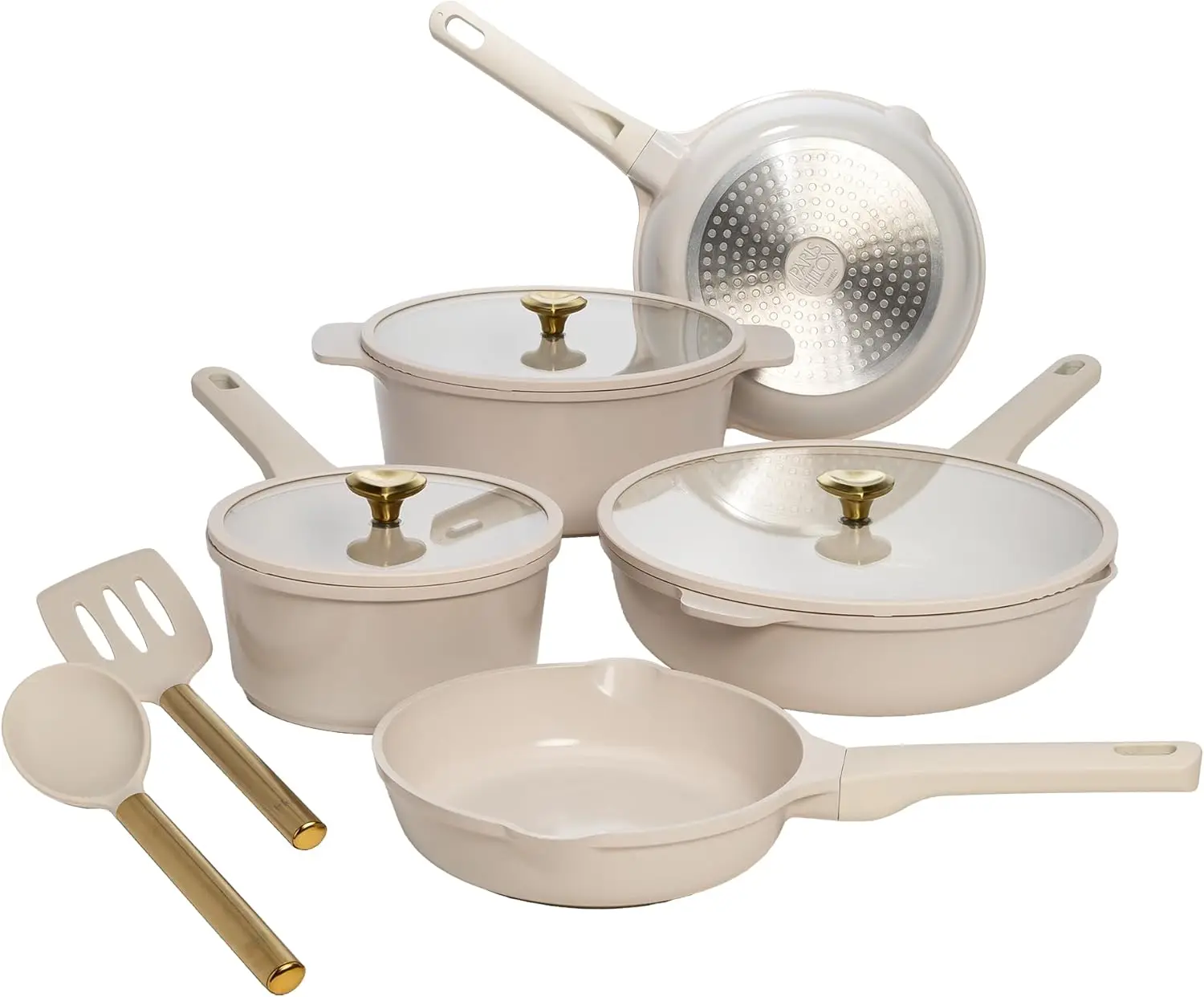 Ceramic Nonstick Cookware Set, Cast Aluminum with Dual Layer Nonstick Coating, Gold Heart Knobs, Stay-Cool Handles