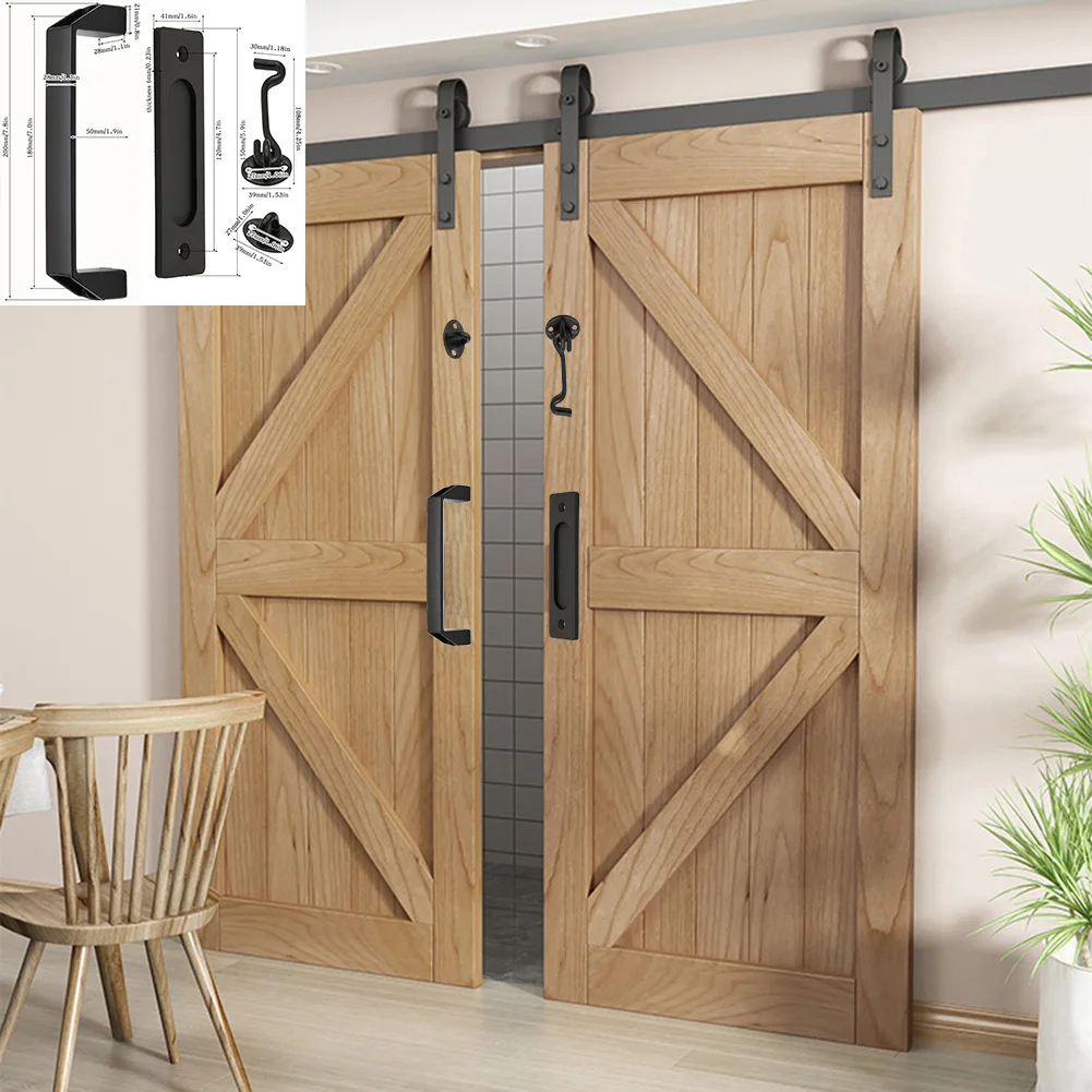 Black Barn Door Handle Furniture Cabinet Handles Hook Door Latch Set Sliding Door Concealed Push Pull Knob Hardware Accessories