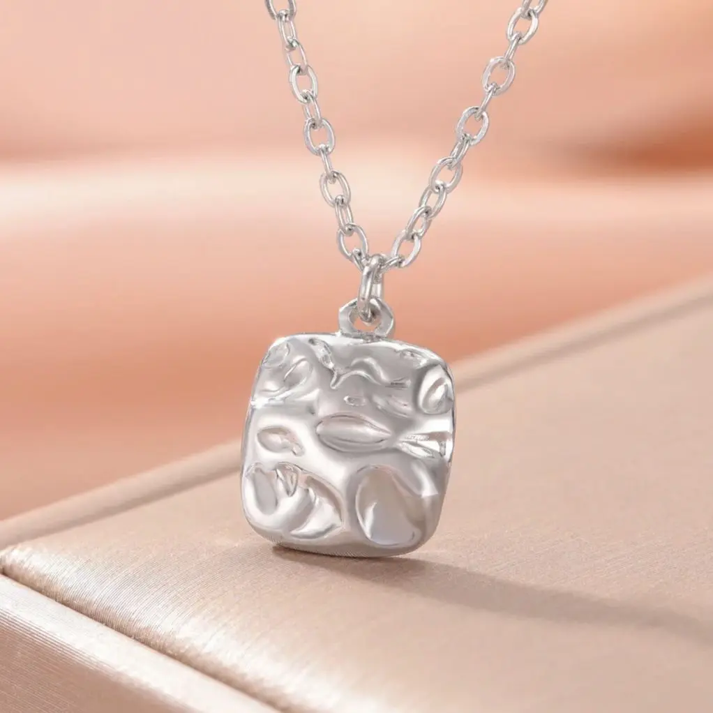Unift Geometric Wrinkle Shaped Square Pendant Necklace for Women Stainless Steel Female Fashion Waterproof Jewelry Birthday Gift