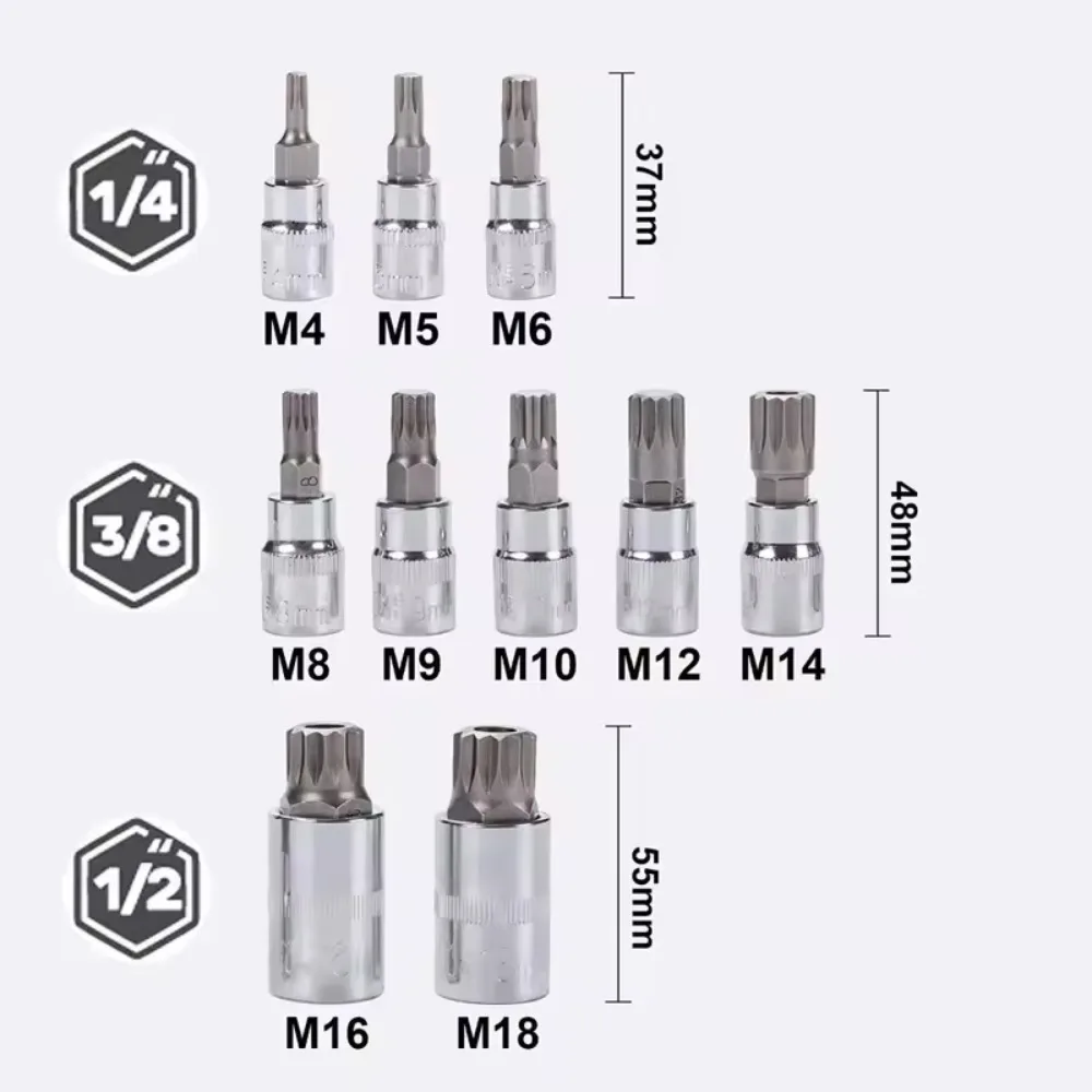 M4-M18 10PCS Professional Point Triple Square Spline Bit Socket Set Tamper Press Batch Sleeve Set Auto Repair Tools Screwdriver