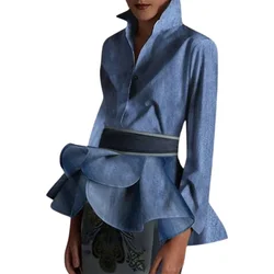 Modigirl Fall Spring Women‘s Vintage Blouses 2024 Buttoned Ruffled Lapel with Belted Long Sleeves England Shirts Tops for Women