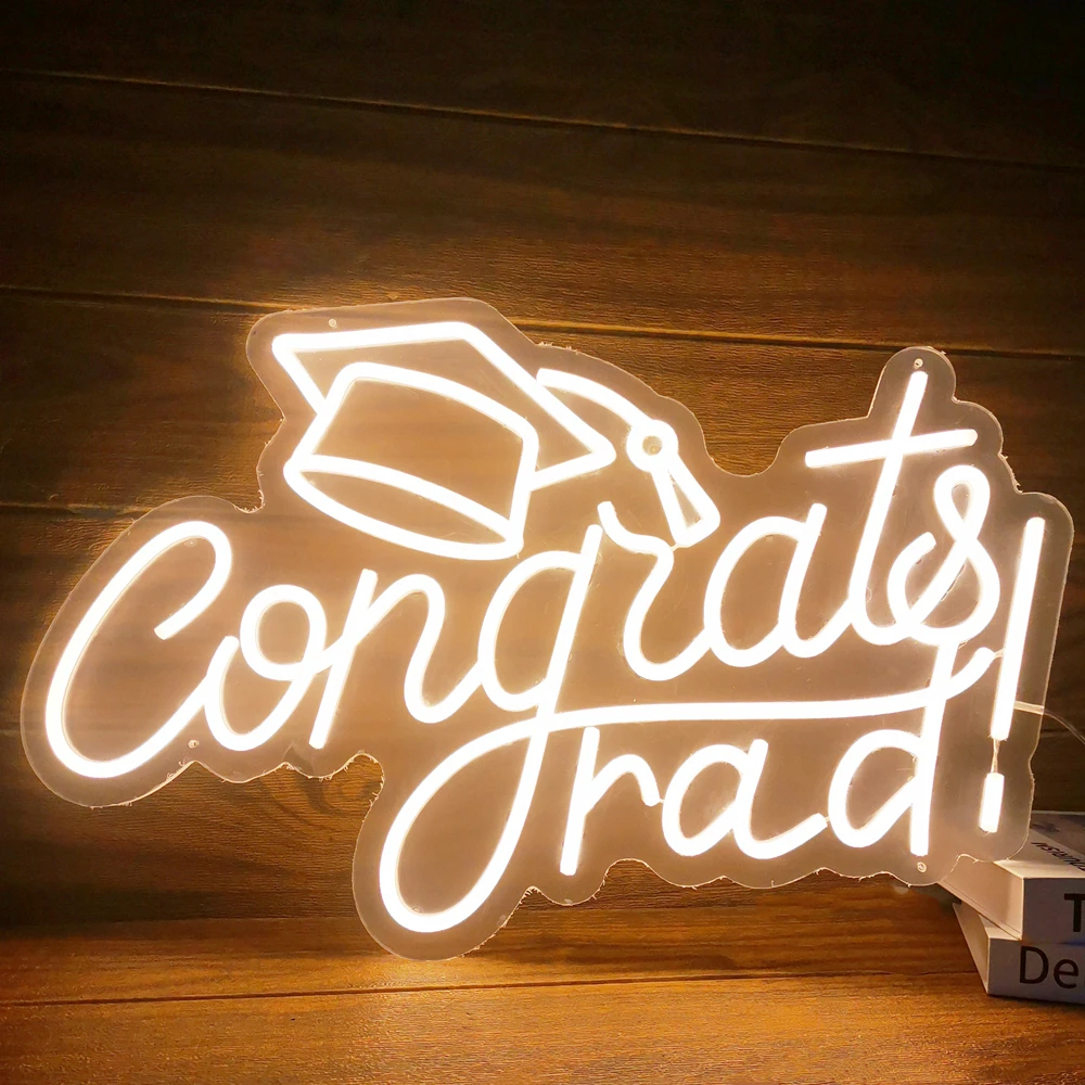 Congrats Grad LED Neon Sign for Graduation Party Transparent Backboard Light Sign for Bedroom Decor Creative Graduation Gift