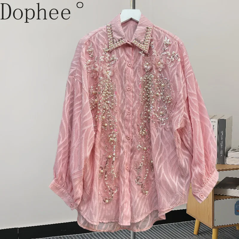 2025 New Spring All-match Long Sleeve Women Blouses Luxury Beads Sequins Mid-long Loose Cardigans Top Casual Sunscreen Shirts