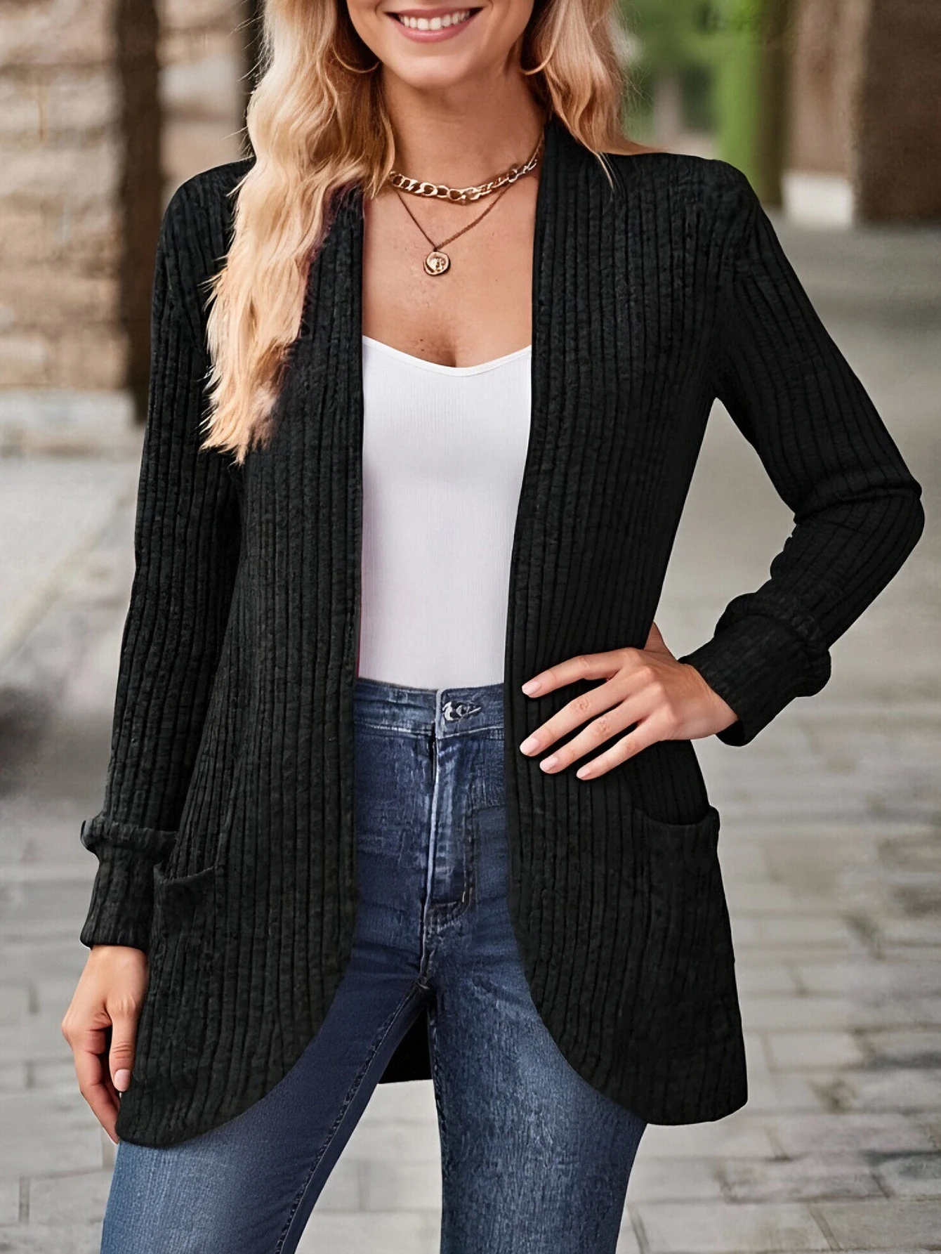 سترة نسائية كاجوال خفيفة الوزن بأكمام طويلة مفتوحة من الأمام للأعمال اليومية ملابس خارجية للخريف والشتاء