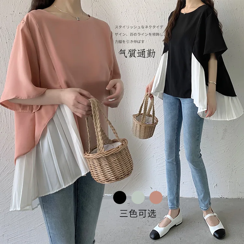 2024 New Lotte Round Neck Five-quarter Sleeves Loose Hem Stitching Pleated Short-sleeved Irregular Chiffon Shirt For Women