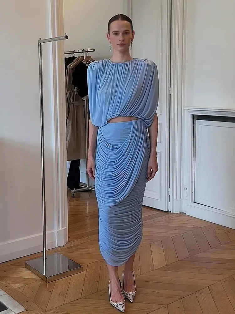 

Women Classic Elegant 2-Piece Set Loose Pleated High Waist Slim Fit Evening Gowns O-Neck Crop Tops+Elastic Waist Long Dress Suit
