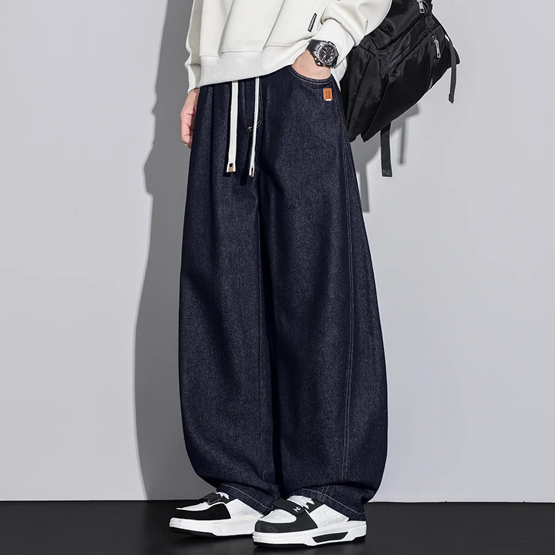 Men's Color Preserving Curved Jeans with Elastic Waistband, Drawstring, Loose Drape, Fashionable Wide Leg Pants