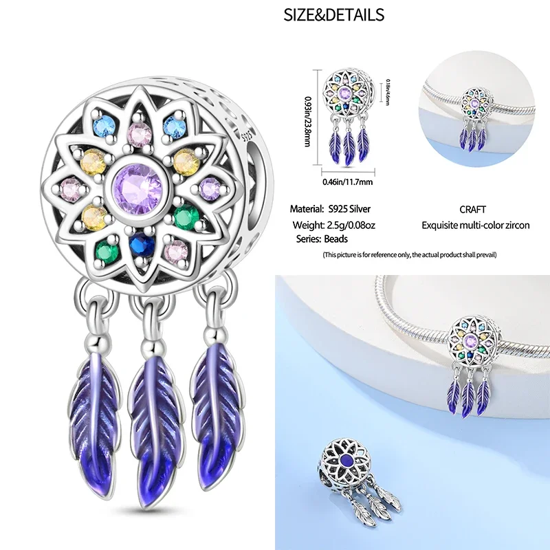 S925 Sterling Silver Pendant Beads para As Mulheres, Dream Catcher, Flor, Borboleta, Se Encaixa Pulseira Original, DIY Charme, Jóias, Presente Da Moda