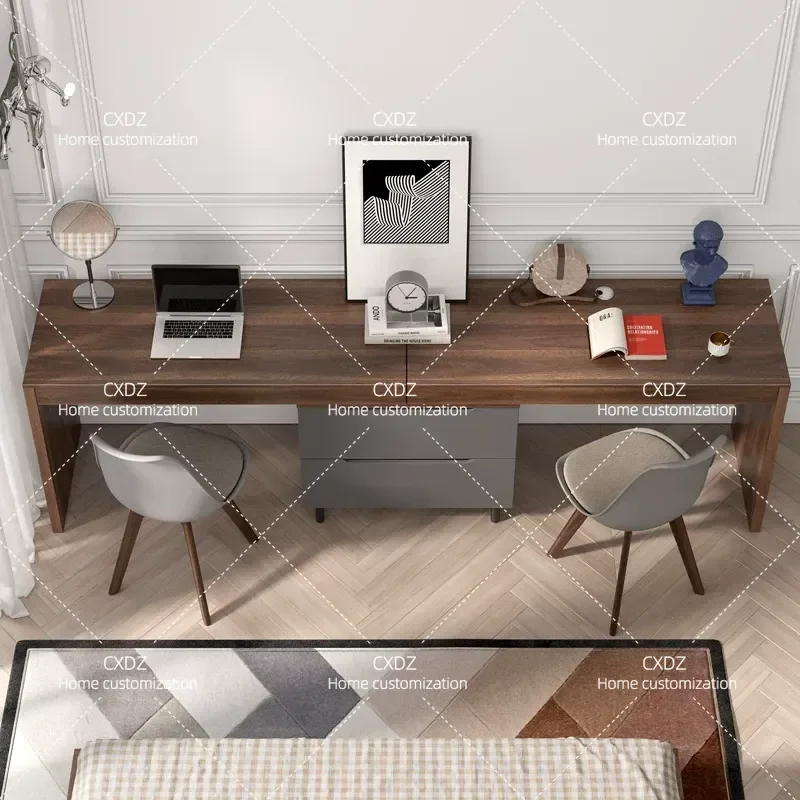 Nordic Double Desk Retractable Student Writing Table Small Apartment Household Computer Desk Simple Walnut Finish