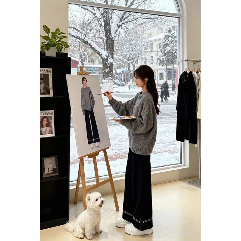 Ay-Conjunto de suéter y pantalones vaqueros de punto para mujer, conjunto de dos piezas holgado redondo Ne Retro coreano Sle Otoño Invierno Faion