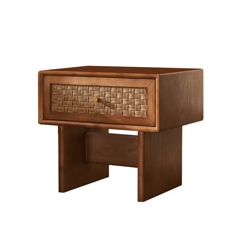 

Wabi Sandy Wind Solid Wood Rattan Bedside Cabinet Small Cabinet Homestay Furniture Retro Style Bedroom Simple Storage Cabinet Lo