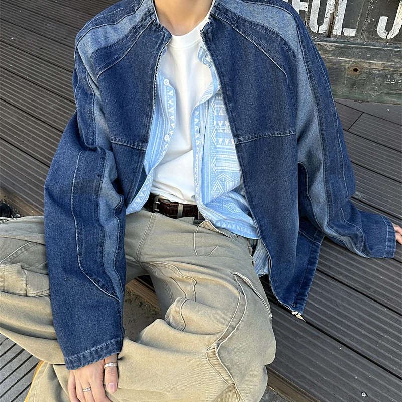 

American Fashion Splice Denim Jacket Men Japanese Korean Streetwear Loose Casual Spring Autumn Denim Jacket Jeans Coat Man