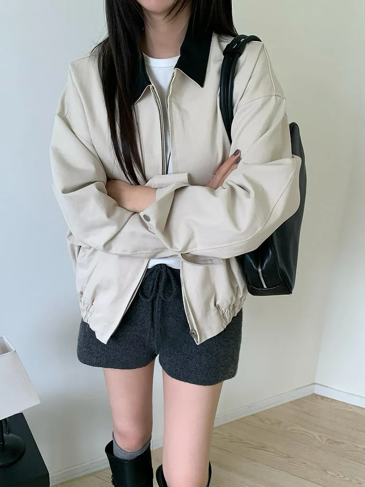 

Retro Color Blo Collar Jaet Women's Loose Long Sve Zipper Top Autumn Winter Versatile Personalized Splicing Outerwear