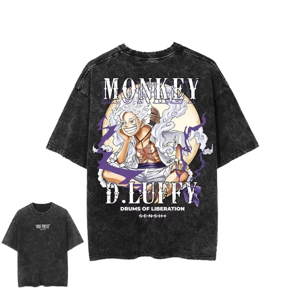Anime One Piece Grafik bedrucktes T-Shirt aus gewaschener Baumwolle, Unisex, Streetwear, übergroß, Vintage, gewaschen, kurze Ärmel