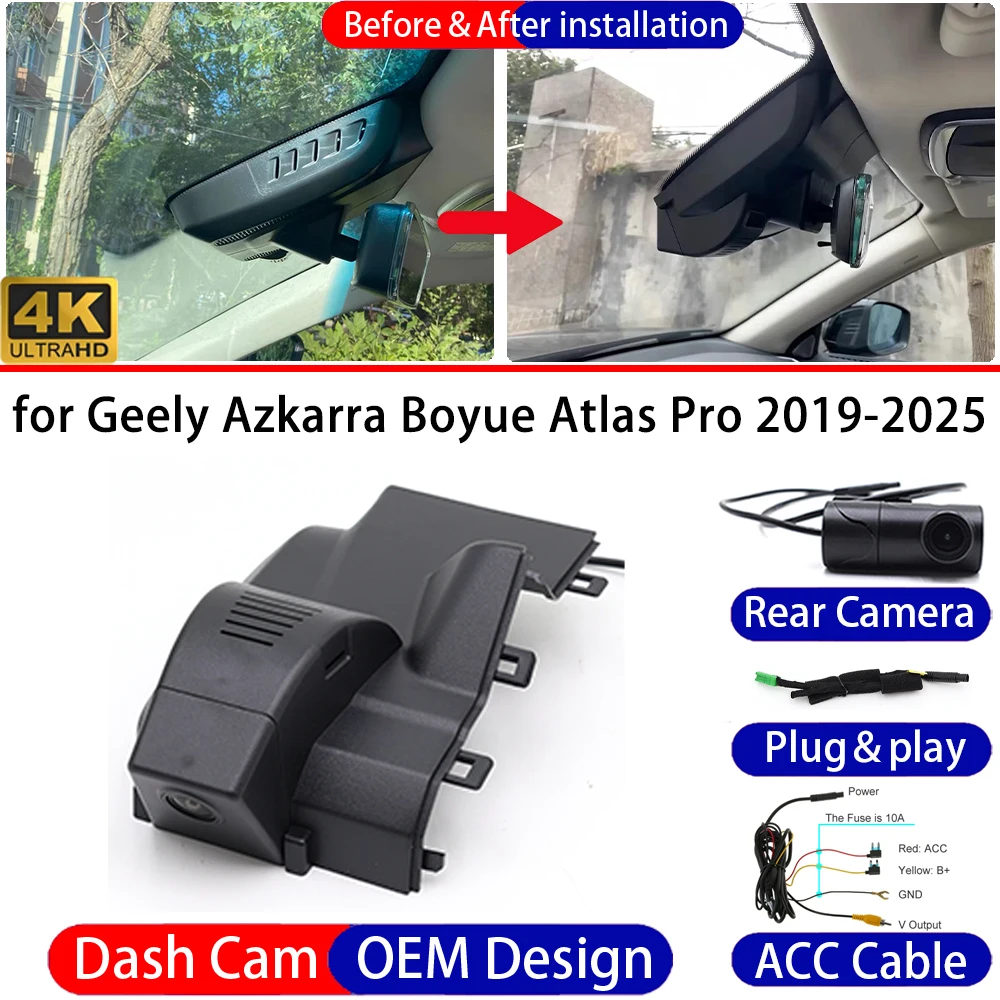 Dash Cam for Geely Azkarra Boyue Atlas Pro 2019-2025 Front＆Rear 4K UHD DVR Dashboard Camera Video Drive Recorder Parking Mode