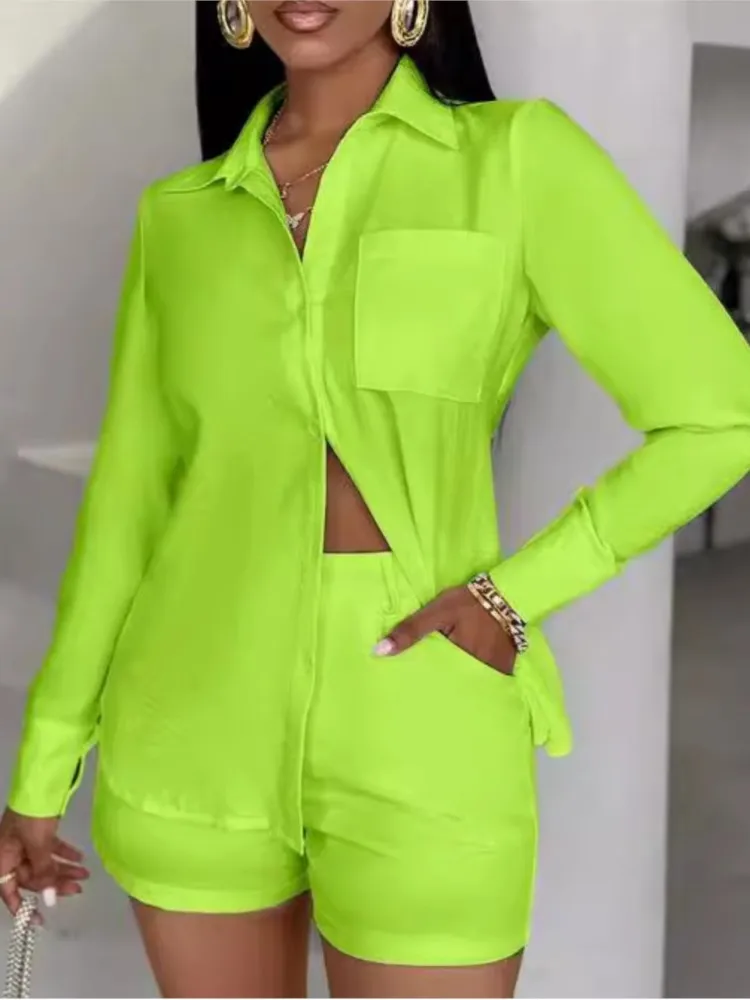 

New Women's Summer Casual Fashion Two-piece Lapel Pocket Design Button Shirt Top And Shorts Temperament Commuting Two-piece Sets