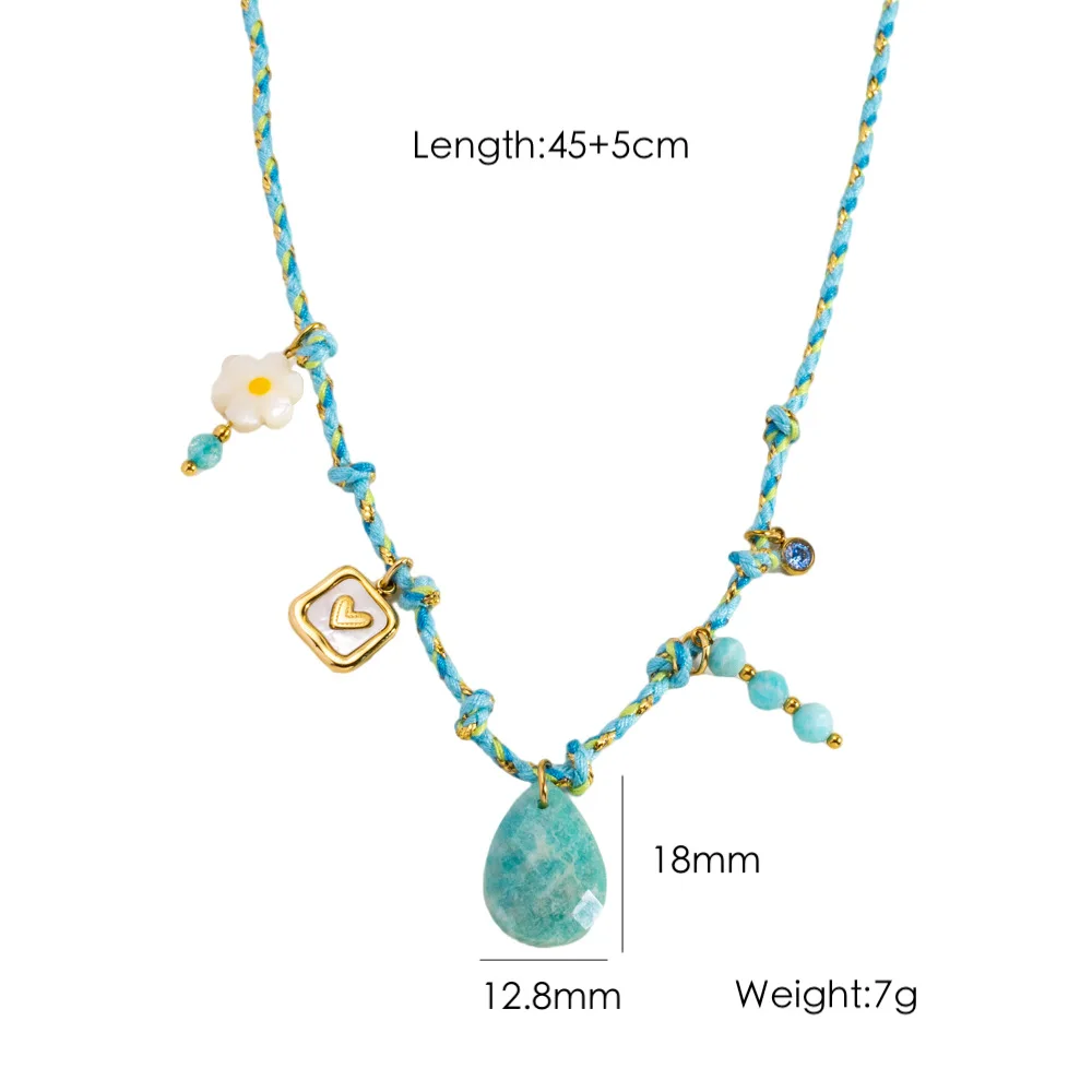 V. Stainless Steel Handmade Colored Woven Rope Water Droplet Natural Stone Chain Necklace for Women Jewelry Wholesale