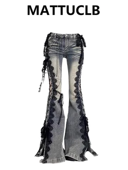 Women Dark Academia Goblin Core Harajuku Y2K Low Rise Lace Jeans Abi Denim Flare Pants Bell-Bottom Y2k Japanese Goth Gyaru Kpop
