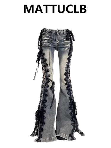 Mujer Dark Academia Goblin Core Harajuku Y2K pantalones vaqueros de encaje de tiro bajo Abi Denim pantalones acampanados Bell-Bottom Y2k gótico japonés Gyaru Kpop