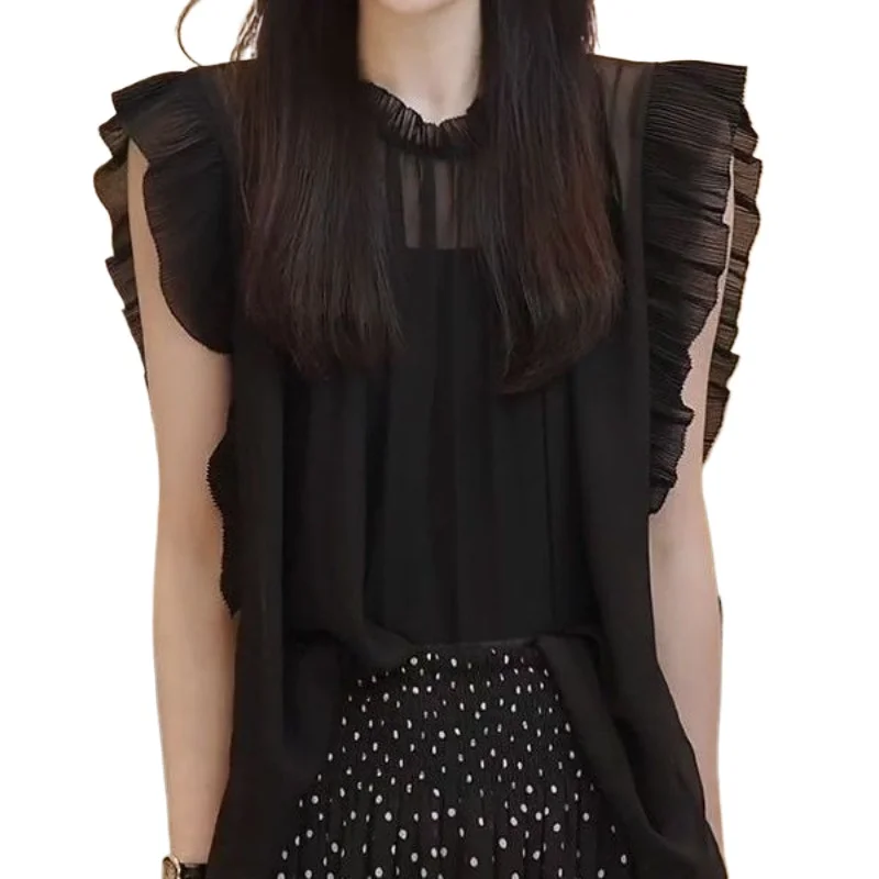 

French Ruffled Chiffon Shirt Women's Summer New Sleeveless Thin Shirt Foreign Style To Reduce Age and Unique and Beautiful Top