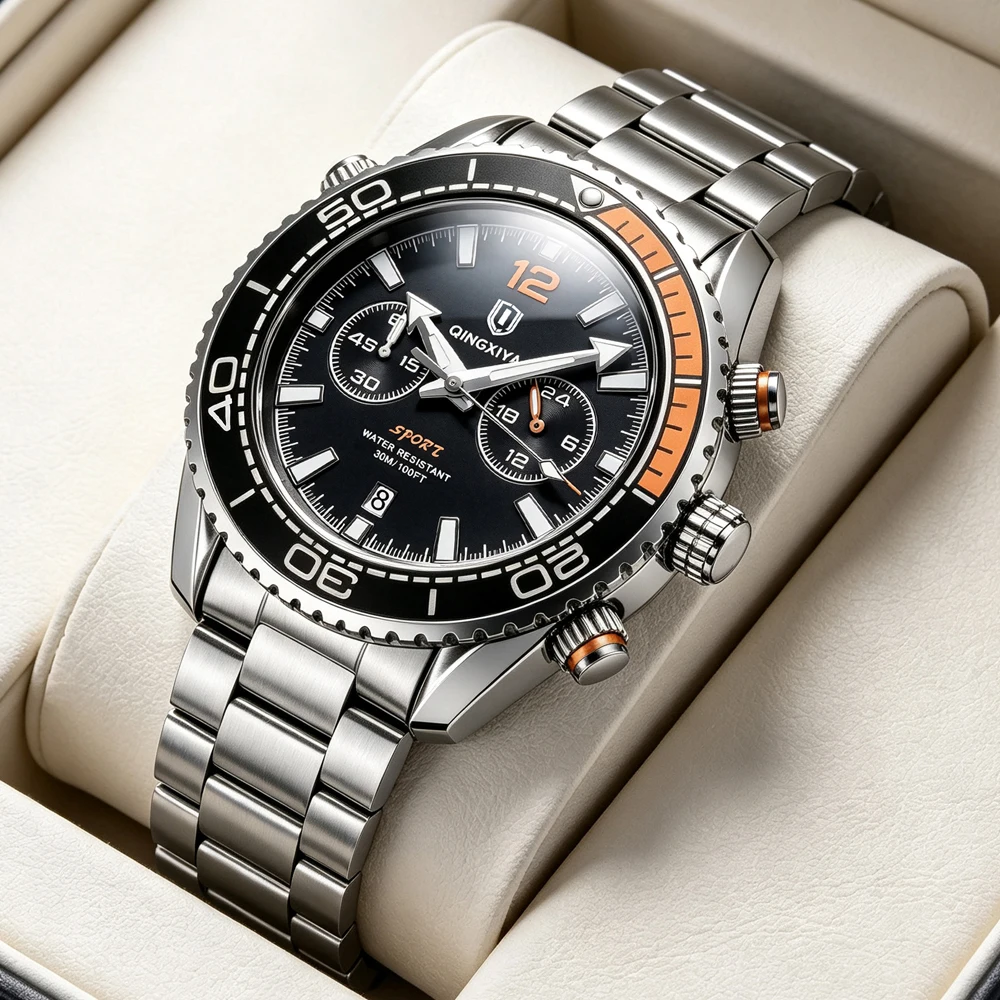QINGXIYA Brand New Luxury Chronograph Quartz Watch for Men Stainless Steel Waterproof Luminous Calendar Sport Watches Mens Clock
