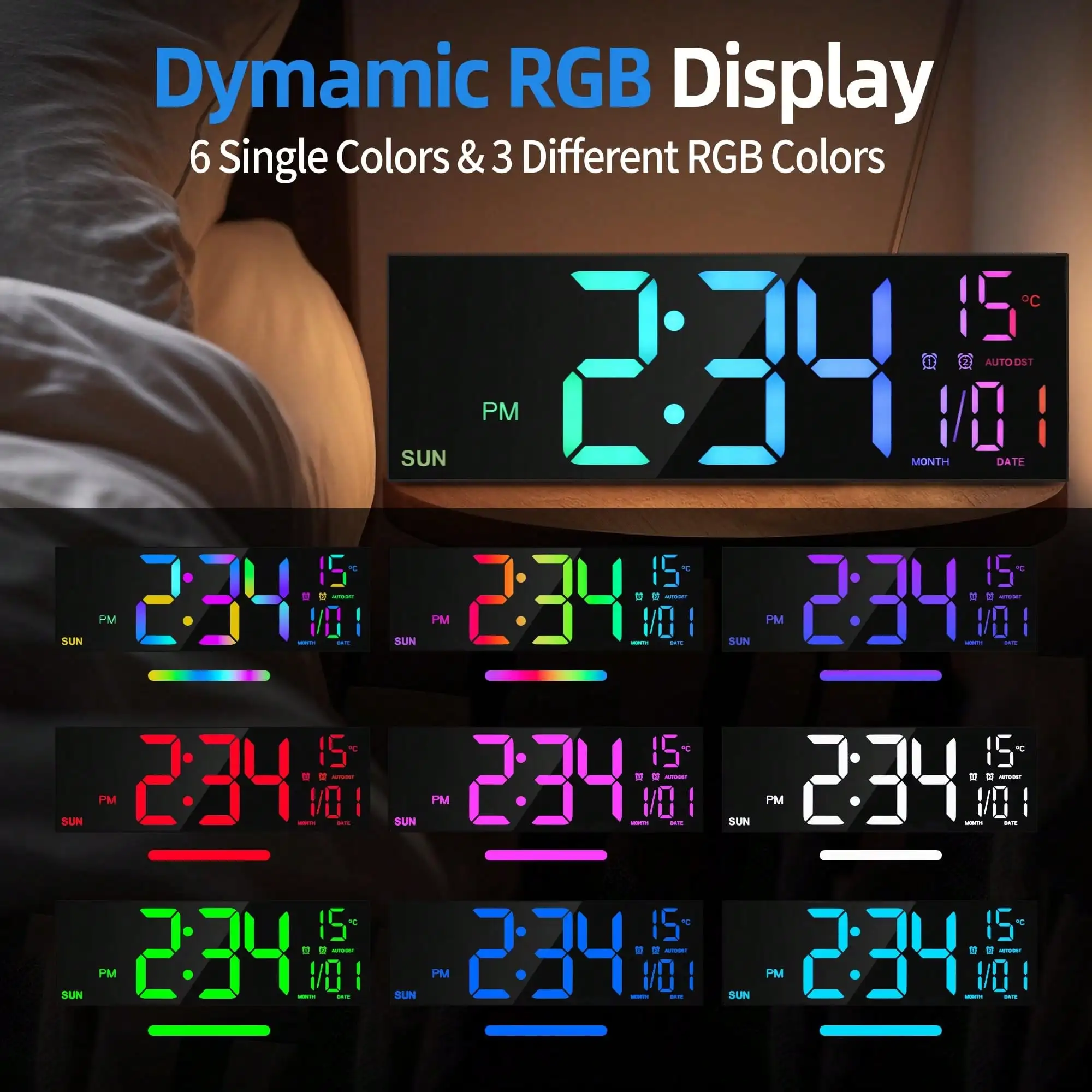 Modern 16-Inch Black LED Digital Wall Clock With Remote Control, Temperature Display, And Auto-Dimming For Stylish Home Decor