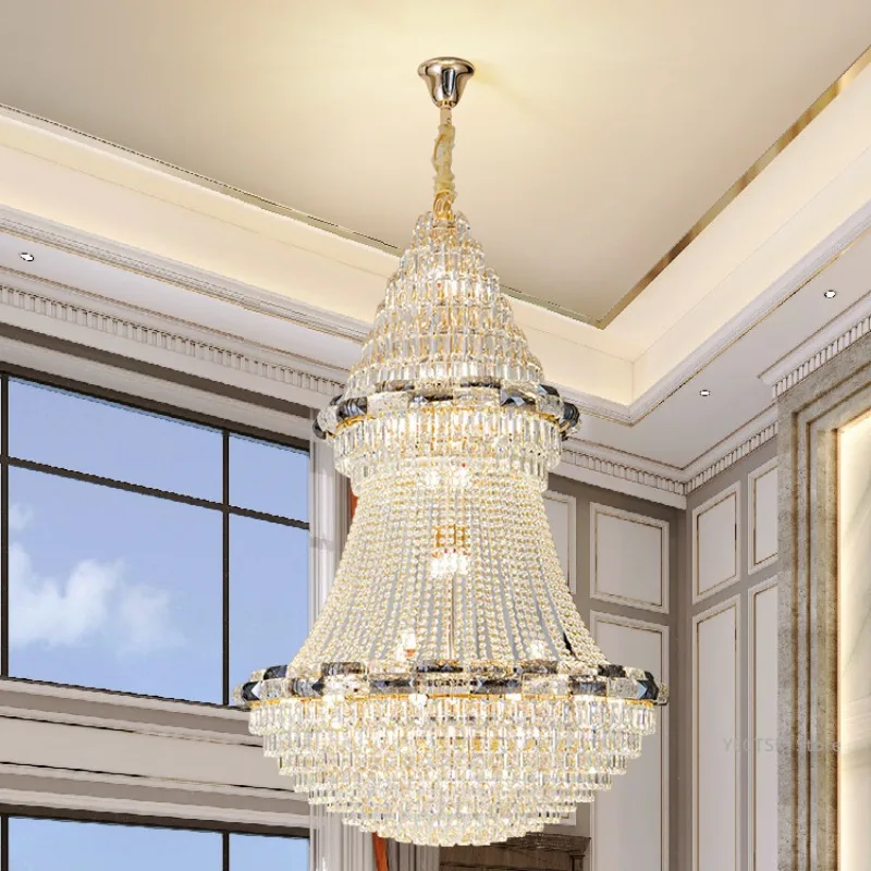 

Duplex building, large chandelier, villa, luxury crystal lamp, French light luxury hotel lobby, hollow high ceiling chandelier