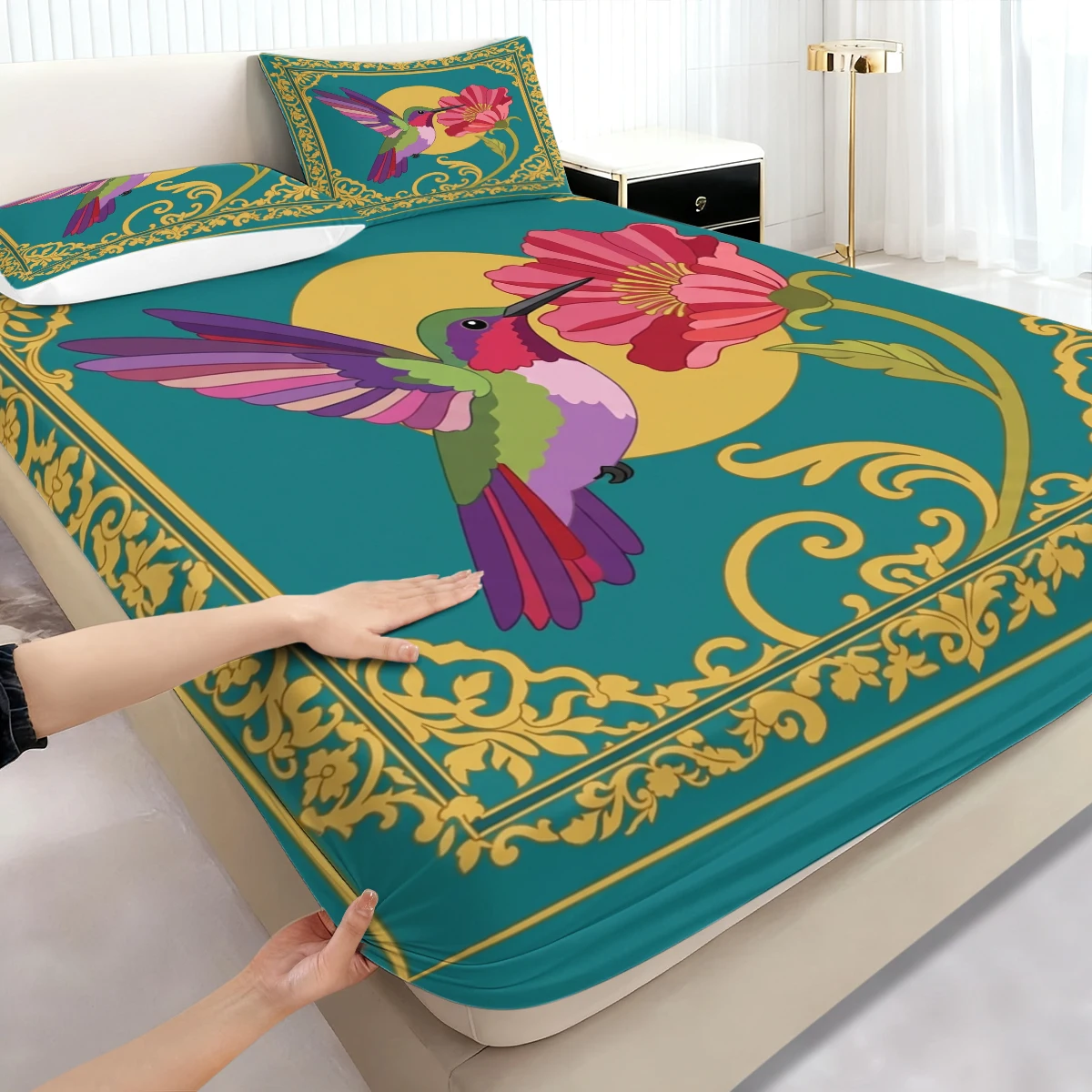 3PCS Teal Baroque Hummingbird Fitted Sheet Set, Elastic Mattress Cover with Pillowcases, Floral Bedding for Bedroom Decor